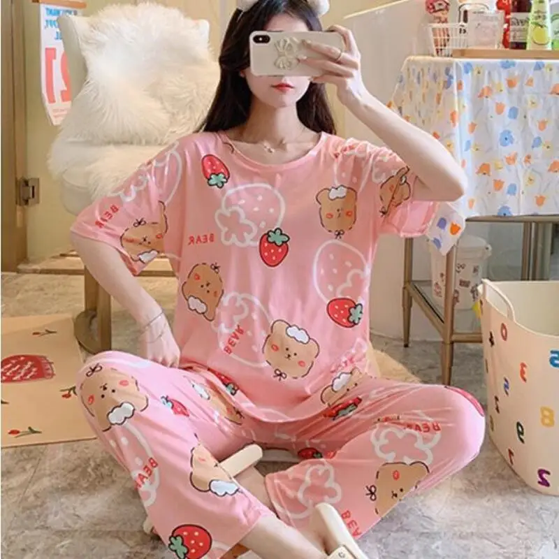 

Новинка 2022, летний пижамный комплект для женщин, пижама с коротким рукавом, длинные брюки, костюм для сна, тонкая Домашняя одежда с круглым вырезом