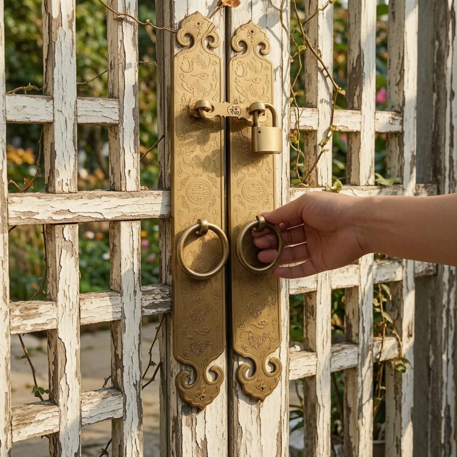 Дверные ручки в антикварном стиле, гравированные ручки-кольца, комплект дверных ручек с замком, фурнитура для дома, рустикальный дизайн для ворот (art.: 3920db1359656) - 3920db1359656
