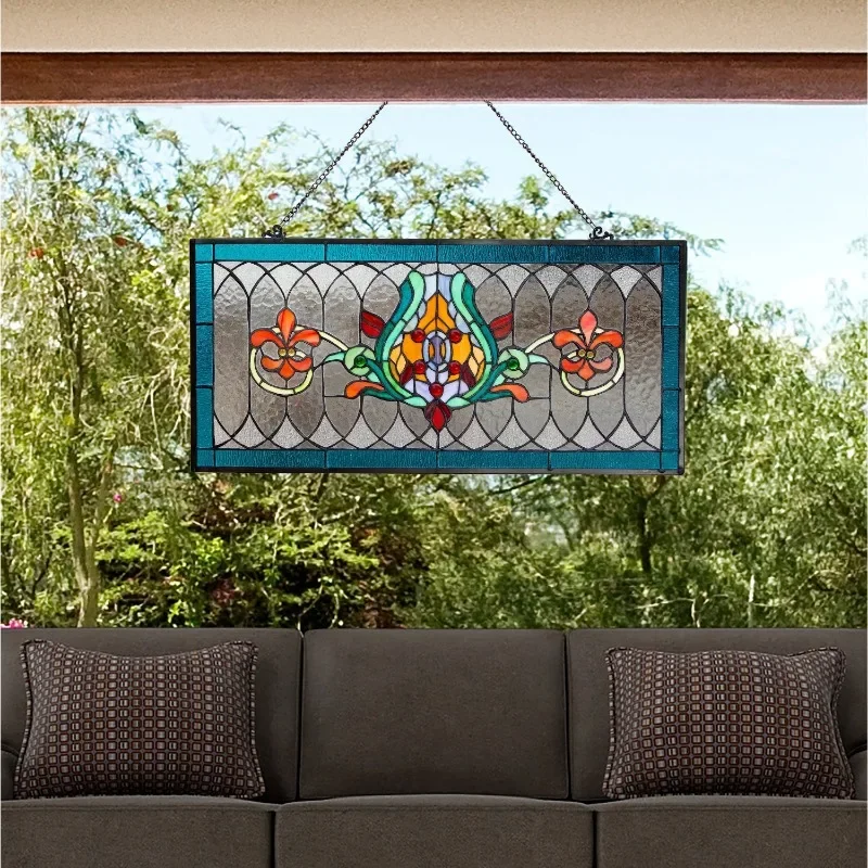 

River of Goods 30 in. Stained Glass Fleur De Lis Pub Window Panel