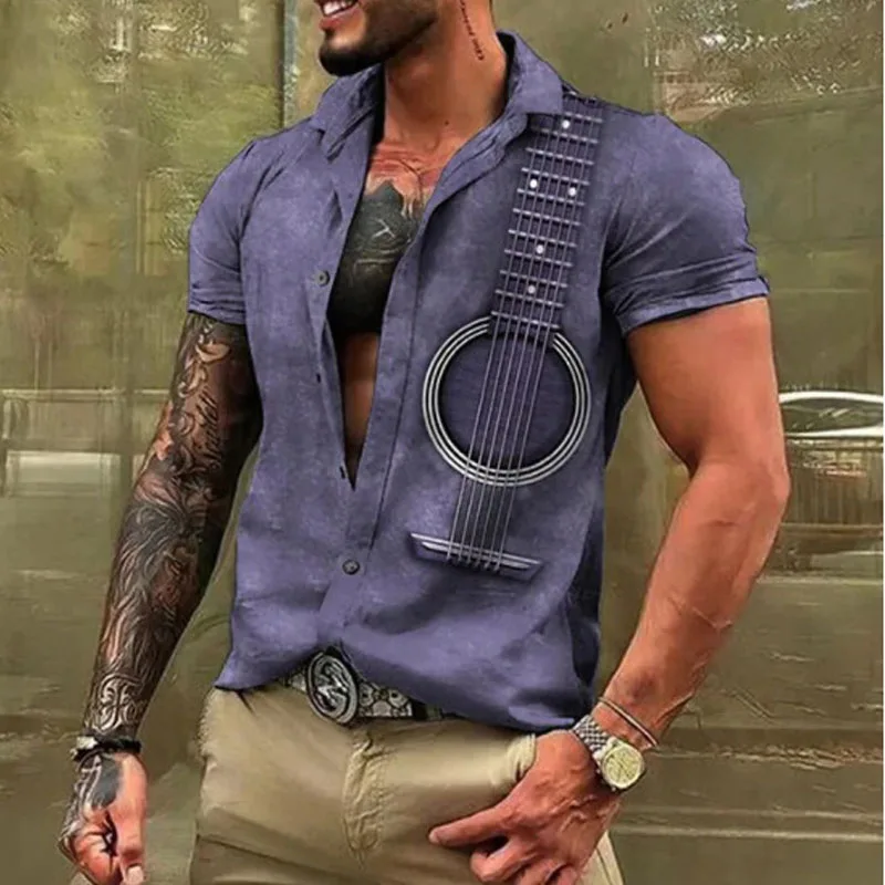 

Men's Fashion Personality Guitar Short Sleeve Shirt Hawaiian Casual Short Sleeve Shirt Lapel 3D Digital Printed Shirt DenimStyle
