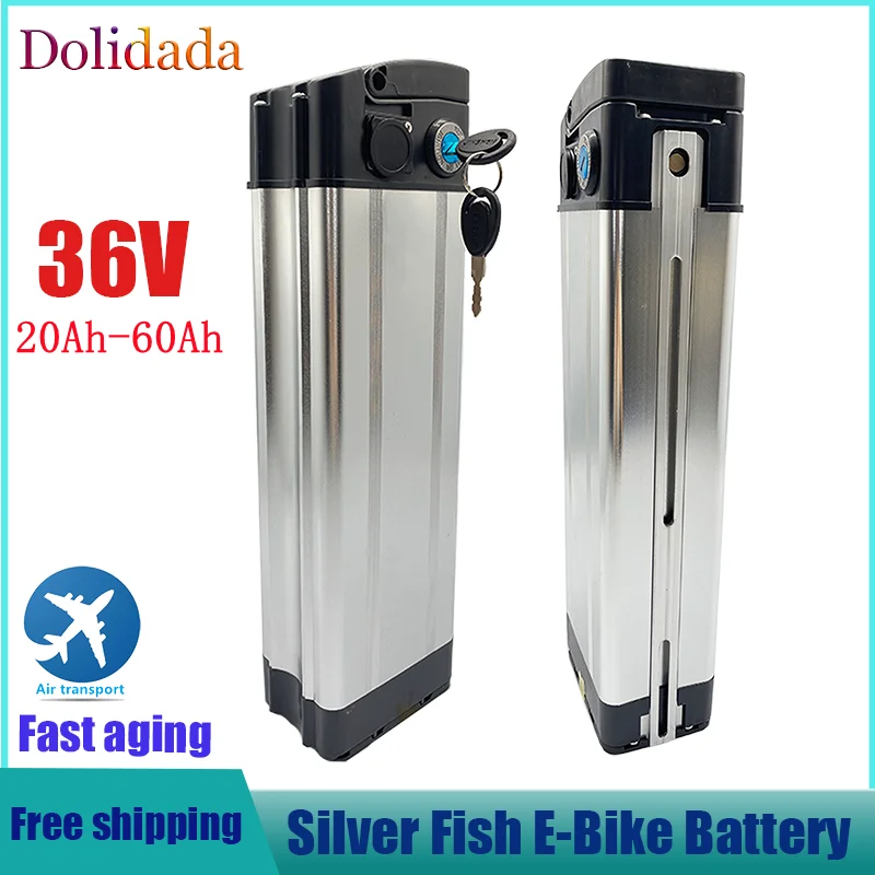 

36V 20ah 30ah 40ah 50ah 60ah Silver fish style Electric Bike battery 36V 500W lithium battery with Aluminum case anti-theft lock