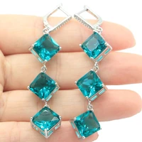 66x14mm new designed square green emerald rich blue aquamarine white cz ladies party silver earrings