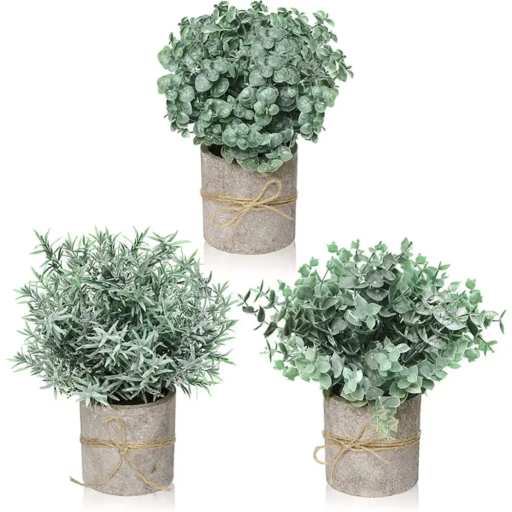

Artificial Potted Plants Mini Fake Plant Eucalyptus , Rosemary , Boxwood 3 Pack , Small Plastic Green Plant with Pot for Farmhou