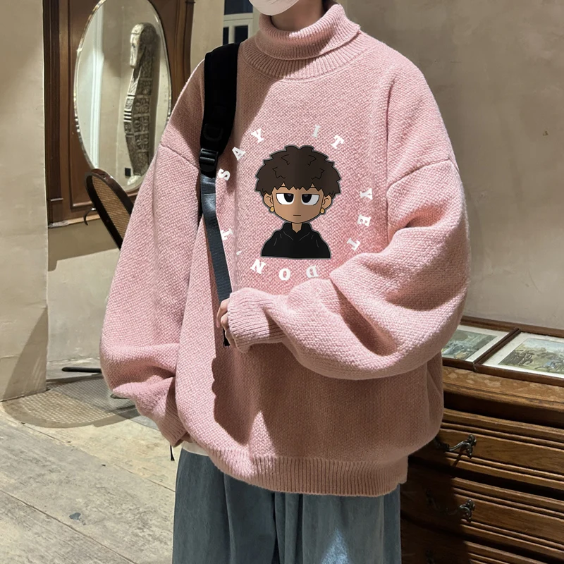 

Winter Men's New High-quality Reversible Turtleneck Pullover Cute Cartoon Character Printing Loose Casual Comfortable Knitwear