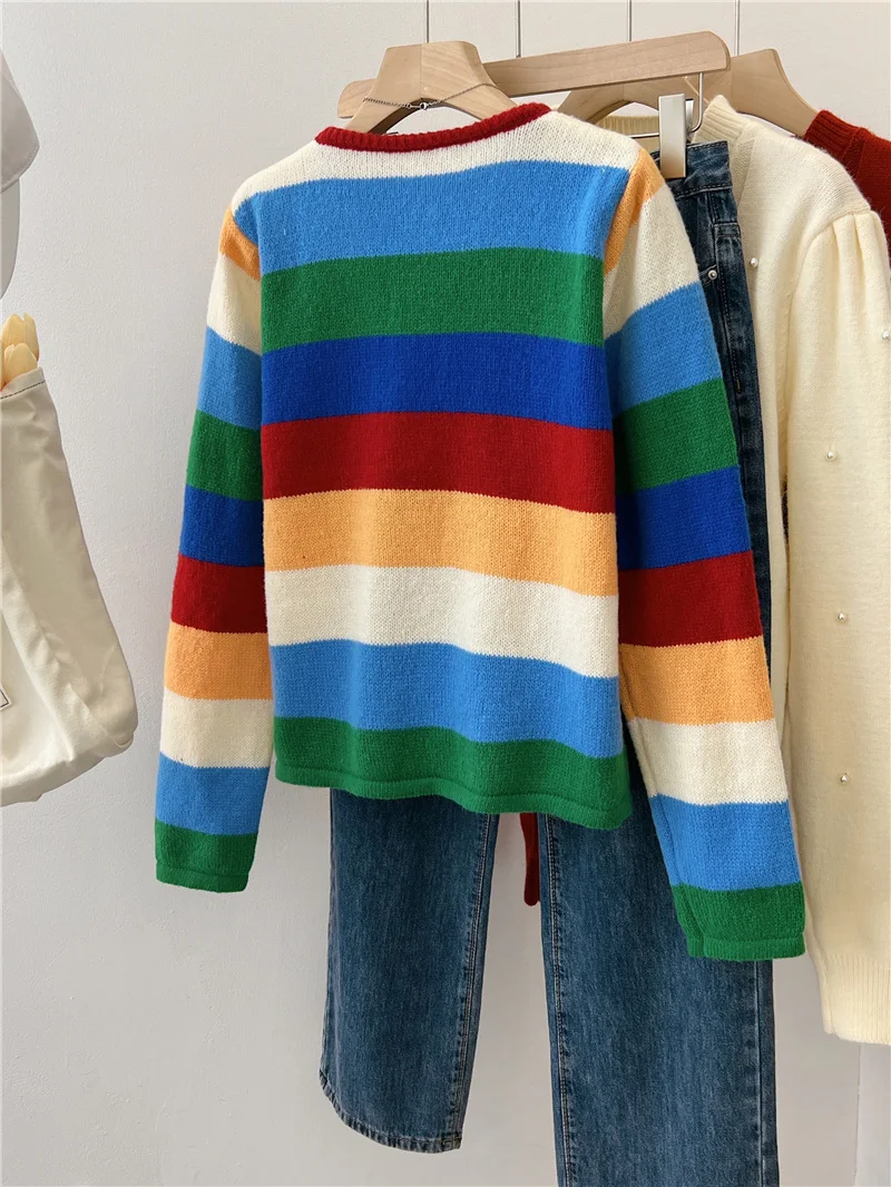 Гонконгский свитер в стиле ретро шикарный контрастный цвет радужную полоску