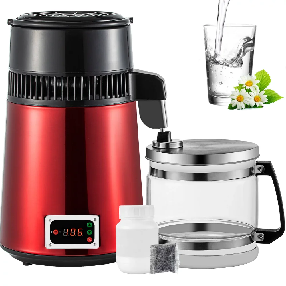 

4L Water Distiller Purifier Machine Temperature Controlled Stainless Steel 750W Red for Home