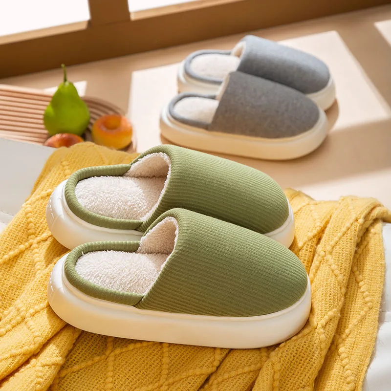 

New Winter Knitted Fabric Cotton Slippers Design Women Soft Sole Warm Plush Ladies' Slides Indoor Green Floor Memory Foam Shoes
