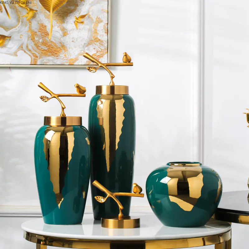 

Luxurious Gilded Vase Flower Pot Dark Green Ceramic Decoration Crafts Modern Living Room Flower Arrangement Table Top Decoration