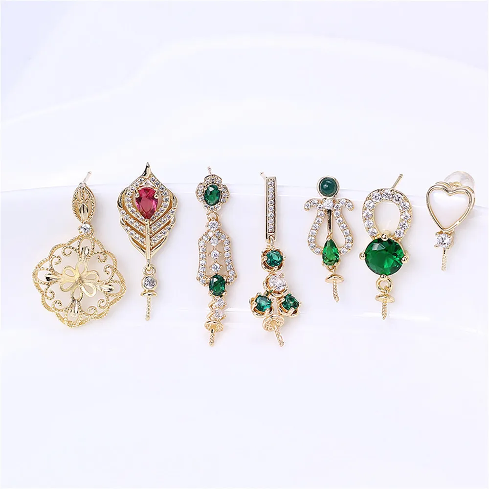 

Domestic 14k Gold Plated Color-preserving Plant Leaves Zircon Pearl Earrings DIY Accessories Empty Temperament