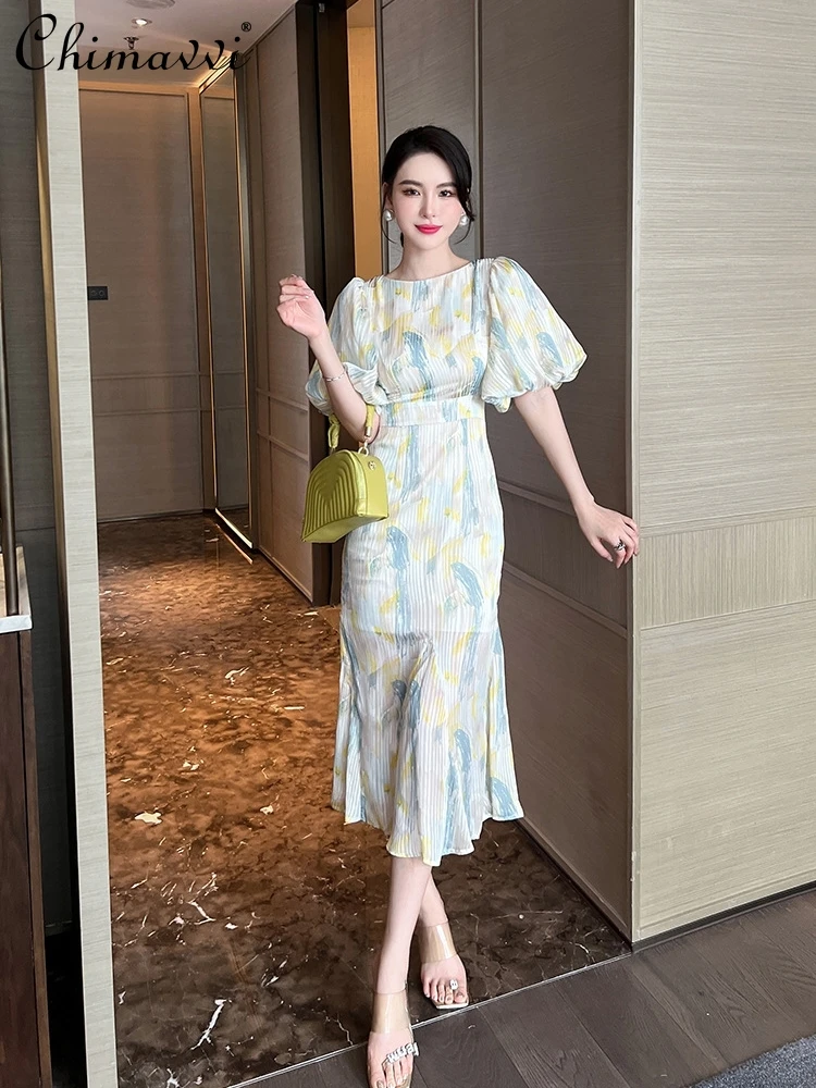 

Satin Puff Sleeve Slim-Fit Sheath Dress 2022 Summer Dresses for Women Temperament High Waist French Fishtail Long Dress Feminine