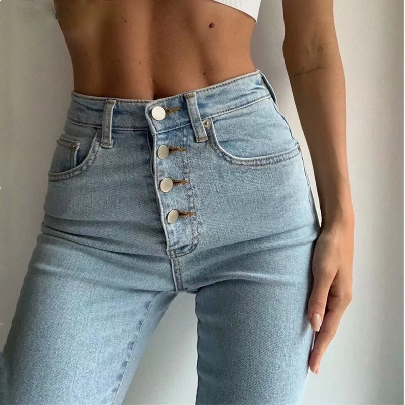 

2020 Vintage Skinny Four Buttons High Waist Pencil Jeans Women Slim Fit Stretch Denim Pants Full Length Denim Tight Trousers