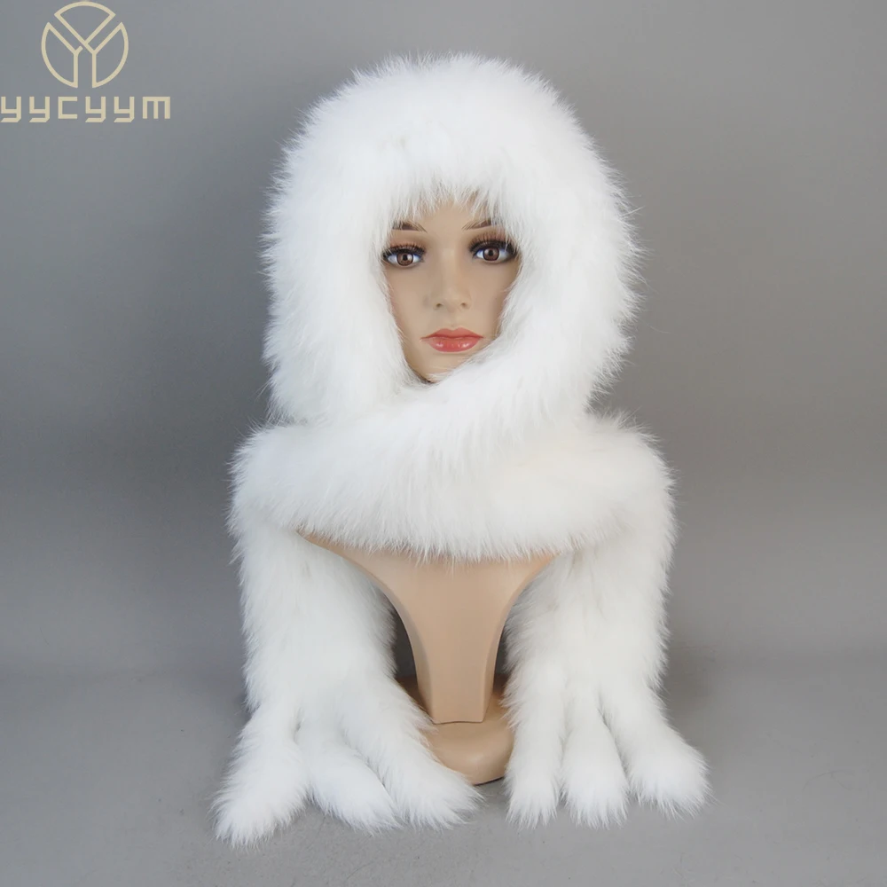 2022 New Winter Women Natural Fox Fur Hats&Scarves Lady Warm Fluffy Real Fox Fur Hat&Scarf Luxury Knit Genuine Fur Hooded Scarfs