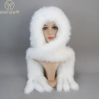2022 new winter women natural fox fur hatsscarves lady warm fluffy real fox fur hatscarf luxury knit genuine fur hooded scarfs