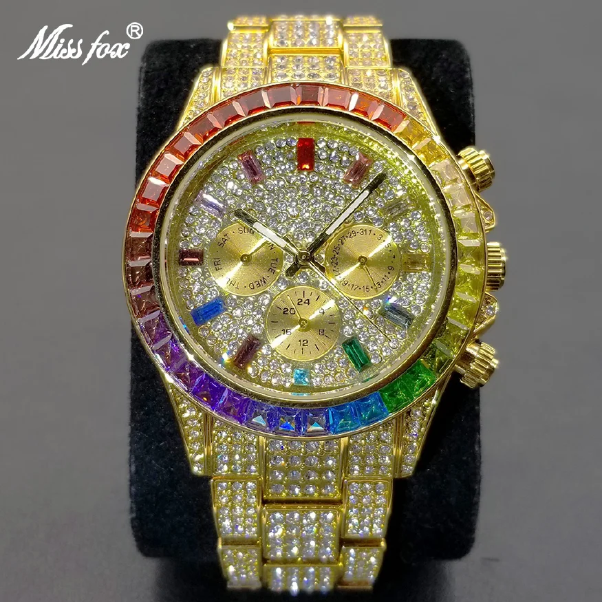 

MISSFOX Iced Out Watch Men Luxury Unique Rainbow Diamond Gold Watches Hip Hop Fashion Party Dress Male Clock Dropshipping 2022
