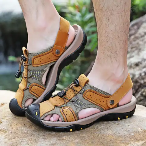Мужские пляжные сандалии, натуральная кожа, для улицы, для прогулок, большой размер 38-47, римские гладиаторы, стиль Casual