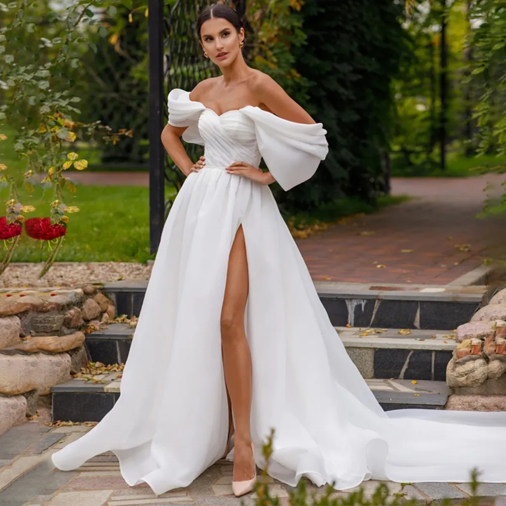 

Simple Wedding Dress For Bride Elegant Sweetheart Neck Puffy Sleeves A-Line Pleats Split Lace Up Backless Bridal Gown