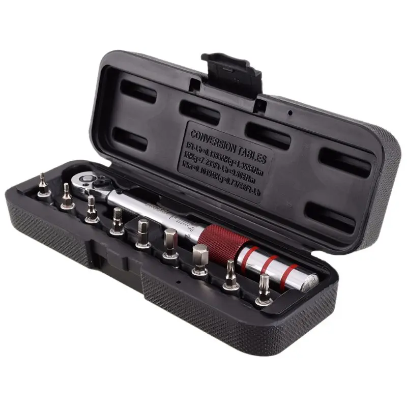

1/4" 2-15Nm Drive Click Torque Wrench Hand Spanner + 9 Socket Bits + Box Set Bike Tool