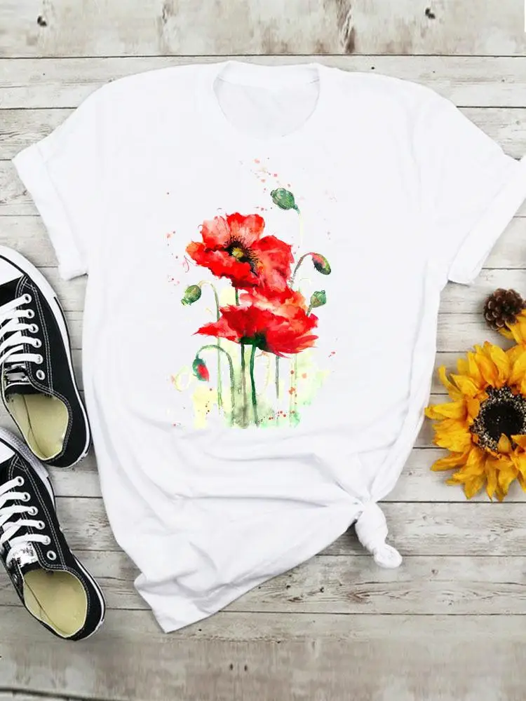 

Футболка женская летняя с коротким рукавом, топ с мультяшным графическим принтом, милая Акварельная повседневная с цветочным принтом