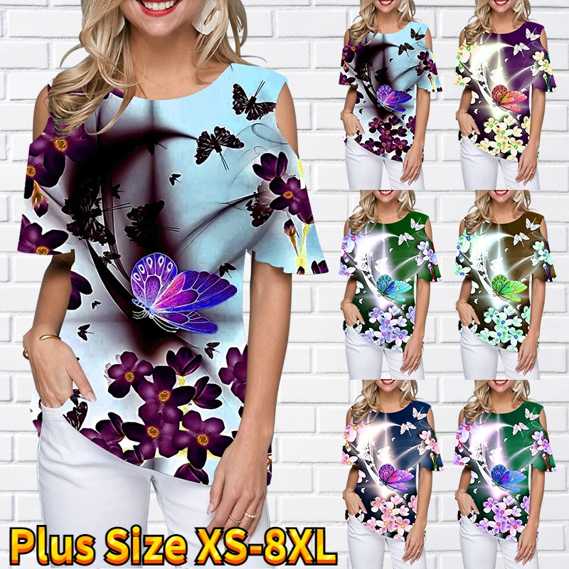 

2022 Summer Ladies T-shirt 3D Butterfly Printed Short Sleeve Round Neck Top Loose Comfortable Pullover Fashion Casual Tee Shirt