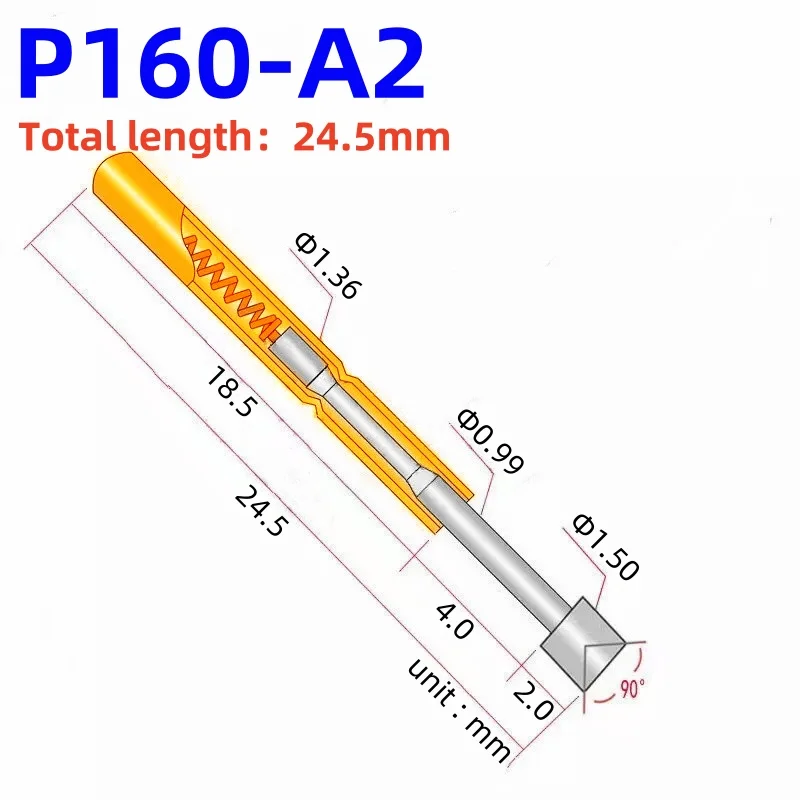 100 шт. P160-A2 Пружинный тестовый щуп P160-A Металлический латунный штифт Тестовый 24 5 мм