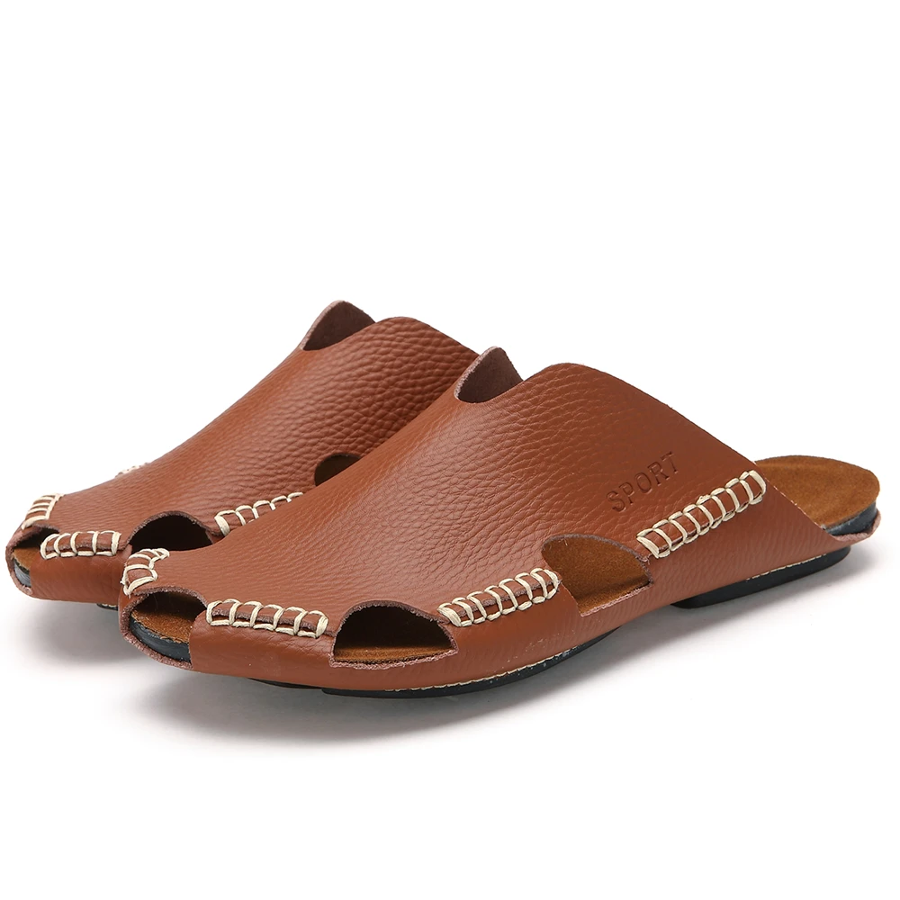 

Quality Summer Men Handmade Soft Leather Anti Skip Sandals Trend Slides Light Beach Shoes Slippers Outdoor Cool Flats