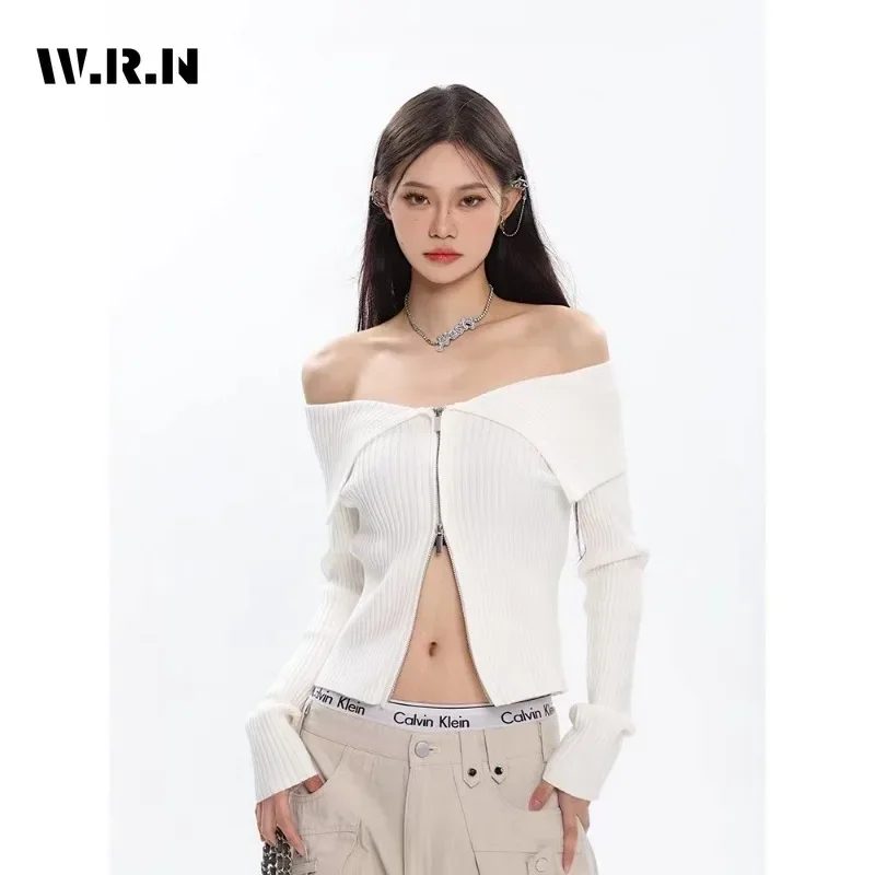 

2023 Winter Hotsweet Solid Color Knitting Long Sleeve Cardigans Women Casual Slash Neck Zipper Ladies Sexy Sweater Crop Top