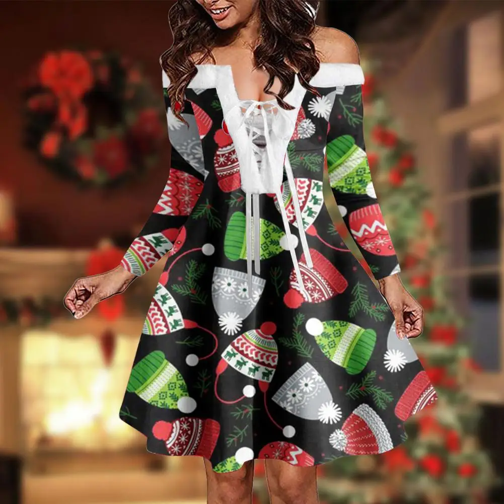 

Модное теплое женское платье в стиле ретро, платье с воротником из искусственного меха, принтом снеговика, снежинки, женское рождественское...