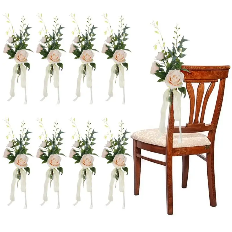 

8Pcs Pew Flowers For Wedding Decoration Aisle Chair Artificial Flowers Romantic Light Champagne Roses With Ribbons Home Decor