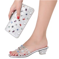 2022 new italian design african nigerian low heel summer plus size stone rhinestone shoes and bags set womens slippers