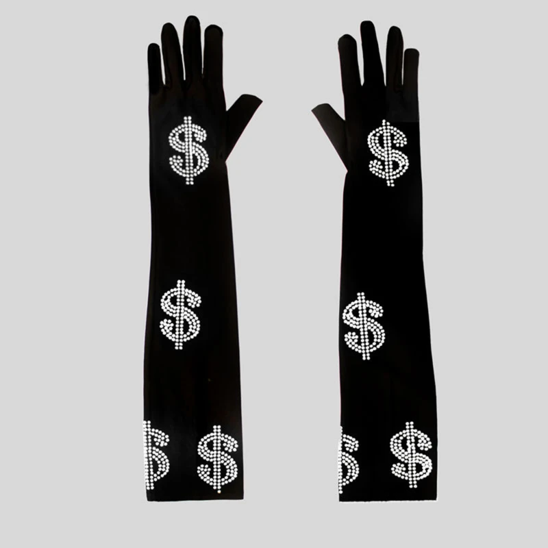 

US Dollar Diamond Design Gloves Women Stage Performance Fashion Rhinestones Long Mittens Sun-Proof Wedding Dancing Gloves