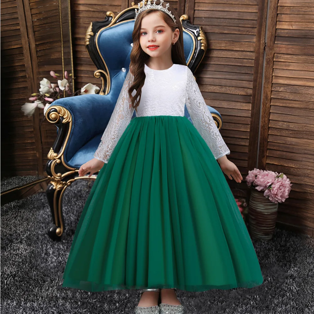 

European Style Princess Evening Dresses for Girls of 10 Year Old Lace Children Party Dress Long Sleeved Girl Wedding Dress