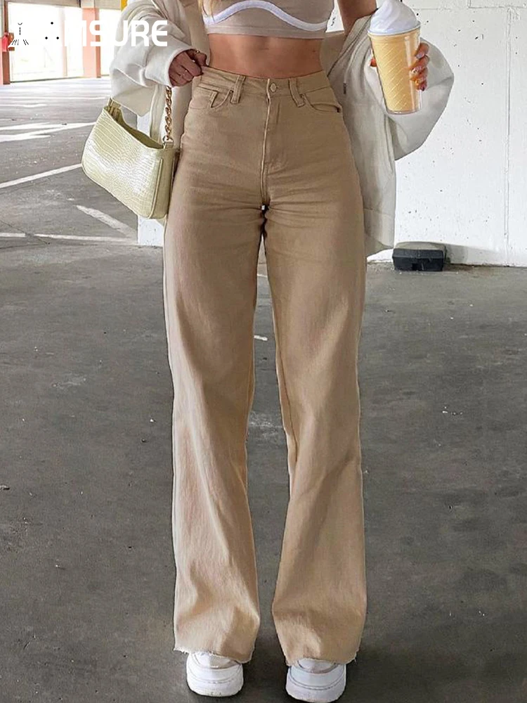 

Повседневные свободные однотонные джинсы IAMSURE, элегантные модные облегающие брюки с широкими штанинами и высокой талией, женские брюки 2021, ...