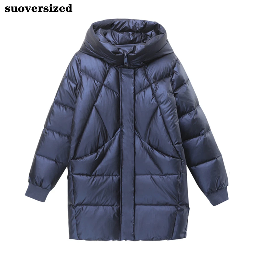 Winter Glossy Hooded Cotton Padded Mid-Length Coats Women Warm Thick Overcoat Oversized 3XL Parkas Snow Wear Windbreaker Jackets
