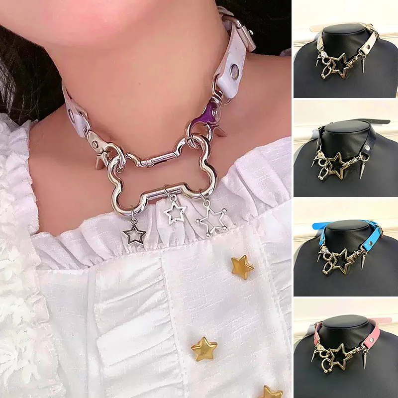 

1PC Trend Punk Pentagram Jewelry Hollow Star Bone Women Choker Leather Cool Necklace Fashion Collar
