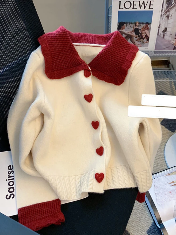 

2022 Autumn Winter Sweater Kawaii Clothes Contrast Color Cardigan Peter Pan Collar Sweet Women Sweaters Japan Style Jersey Mujer