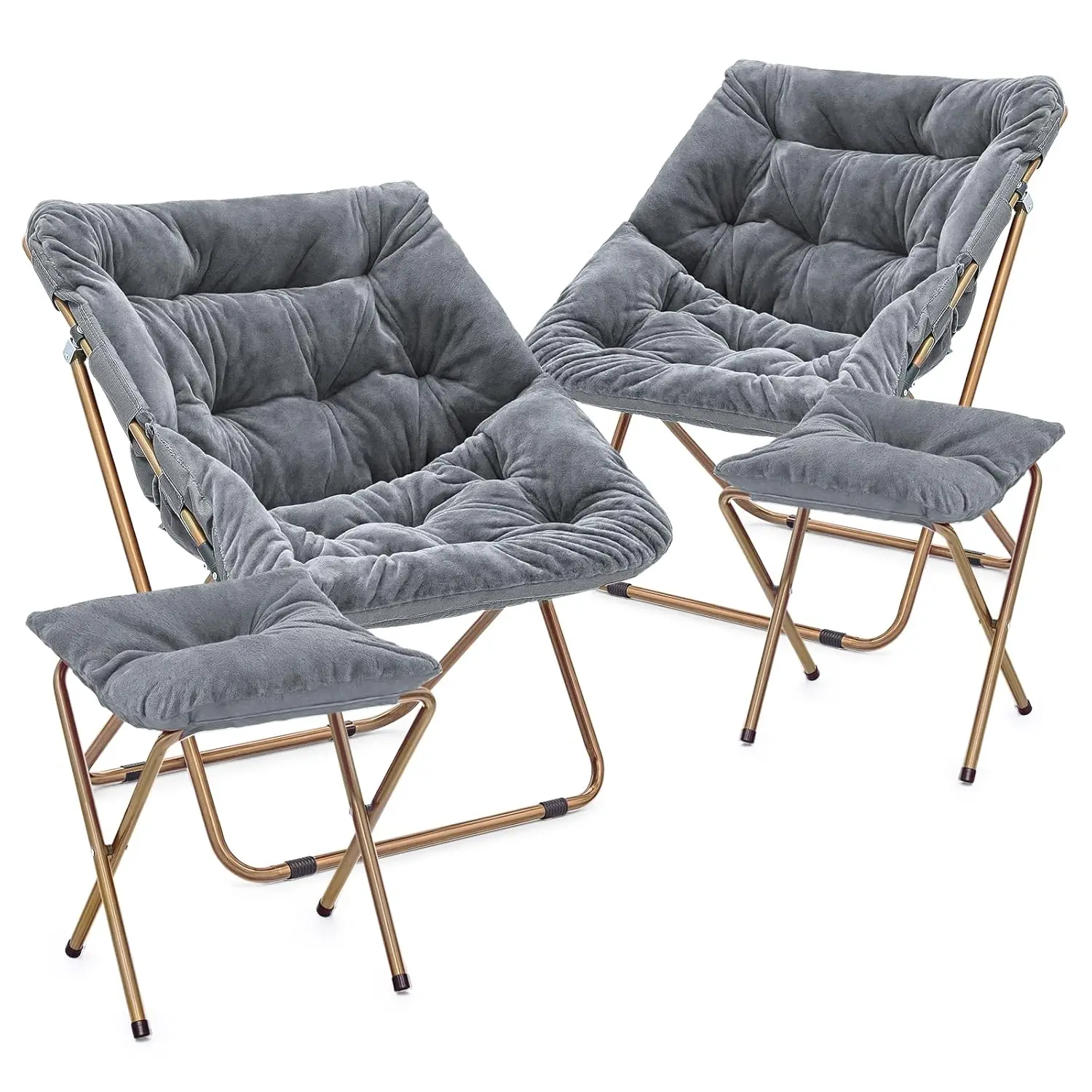 Фото #Comfy Oversize Folding Saucer Chair & Ottoman Set Faux Fur Metal Leg Bedroom Living Room Adult Black №3