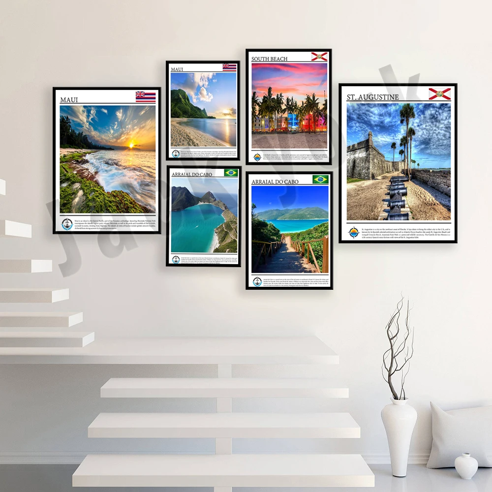 Сент-Аугустин Флорида, клироутер-Бич, южный пляж Майами, Arraial do Cabo Бразилия, каникулы Maui Гавайский пляж, постер для путешествий