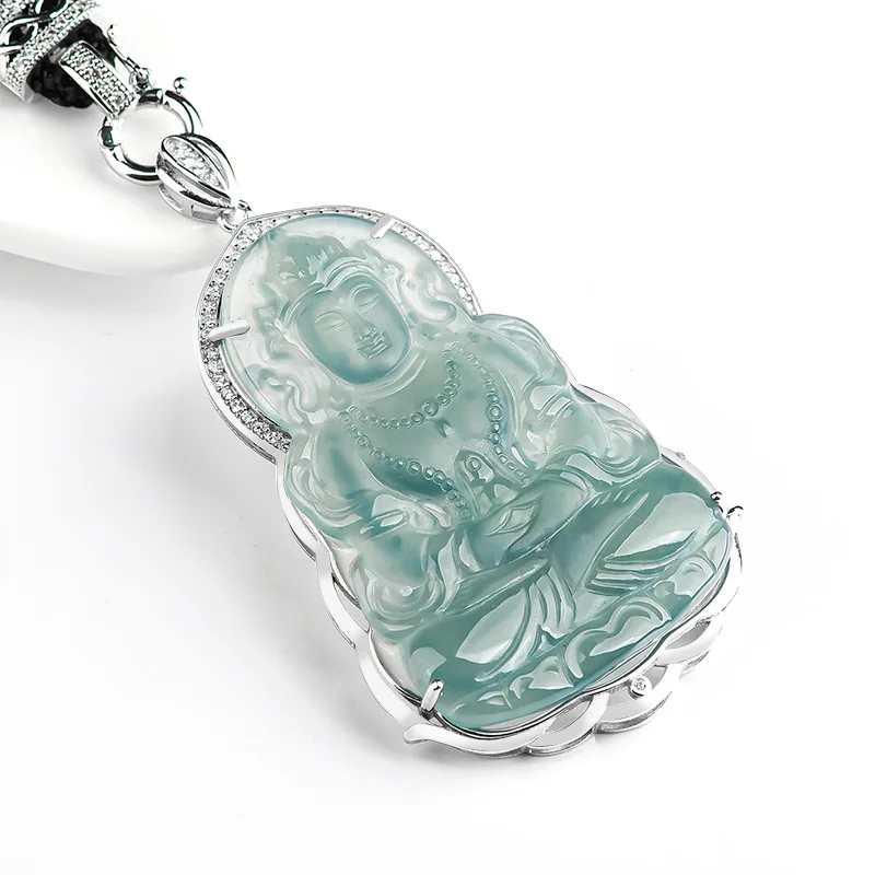 

Burmese Jade Guanyin Pendant Choker Jadeite Natural Jewelry Necklaces Necklace Carved Blue Gemstones 925 Silver Luxury Real