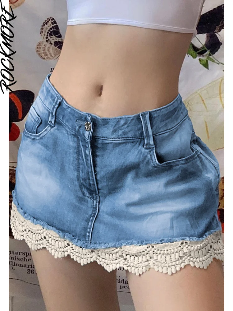 

Rockmore Women'S Jeans Skirts Lace Patchwork Low Waist Skirt Y2K Preppy Style Korean Cute Mini Denim Skirt Summer Streetwear