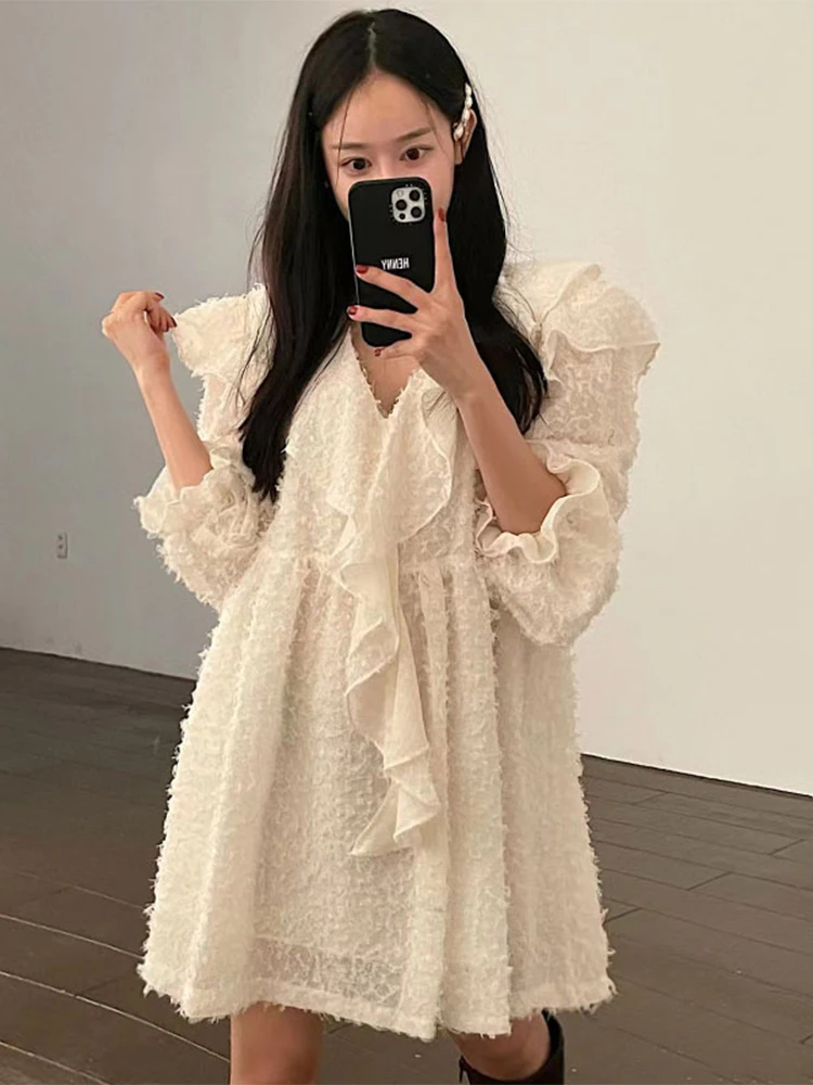 

Sister Fara Spring Autumn V-Neck Ruffles Dresses for Women's High Waist Mini Dress Female Loose Puff Sleeve Pullover Dresses