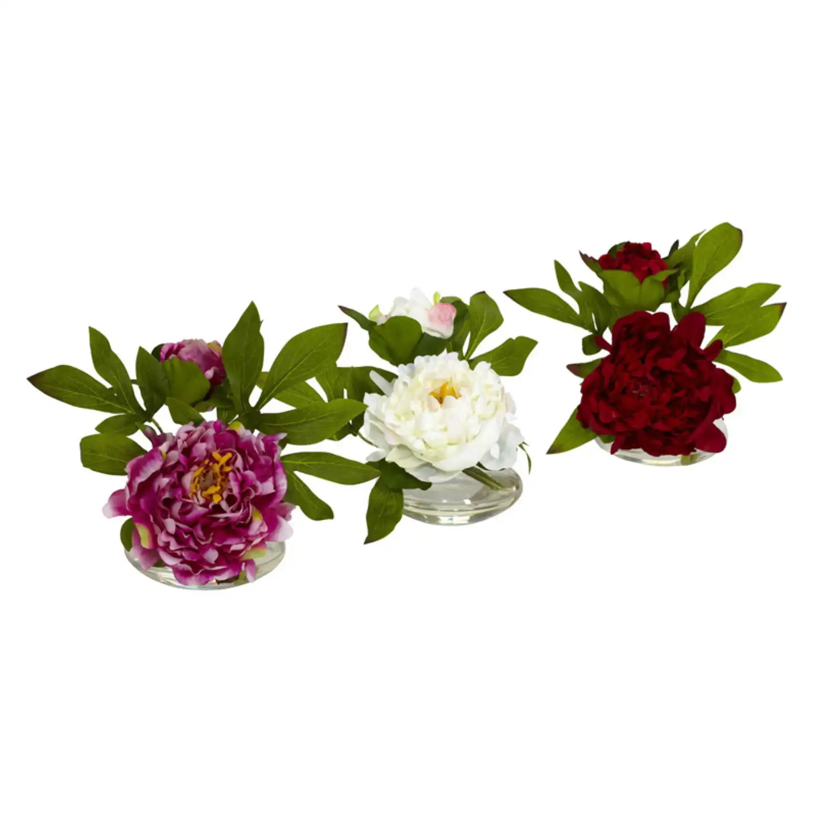 

6" Peonies Artificial Plant with Glass Vases, Set of 3 (Assorted Colors)