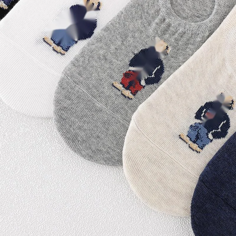 5pair/lot Fashion Men's Boat Socks Cartoon Bear Summer Autumn Non-slip Invisible Silicone Cotton Ankle Slippers Socks Retro