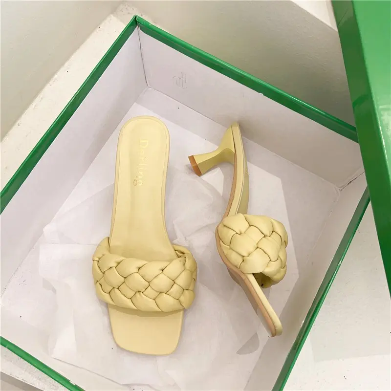 

XIXIYIPIN Fashion Casual Leather Weave Women Summer Slides Outdoor Trend Lady Casual Slippers High Heels Flip Flops Shoes