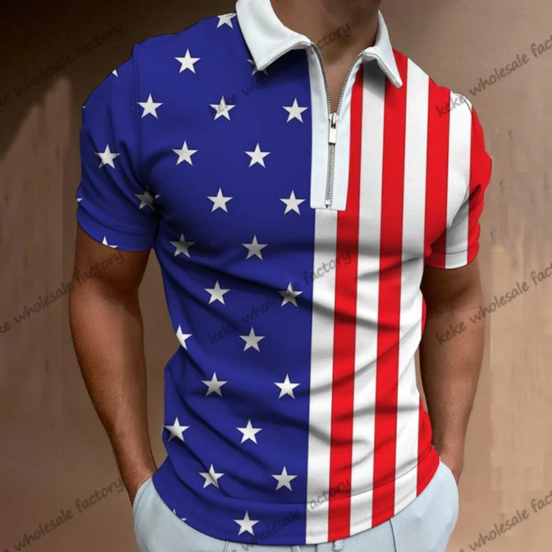

Летняя мужская одежда KeKe, рубашки поло, футболки с принтом американского флага для гольфа, Повседневная футболка с коротким рукавом и отложным воротником, Топ Поло на молнии