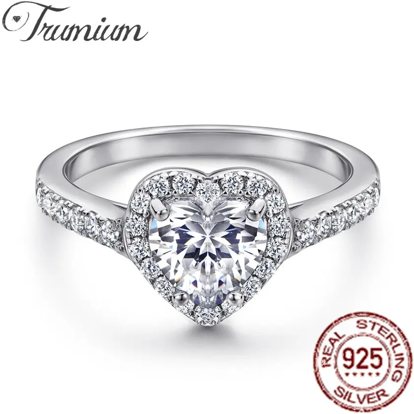 

Trumium Genuine 925 Sterling Silver Love Ring Shiny Stunning Heart Shape Zircon Finger Engagement Ring Wedding Fine Jewelry