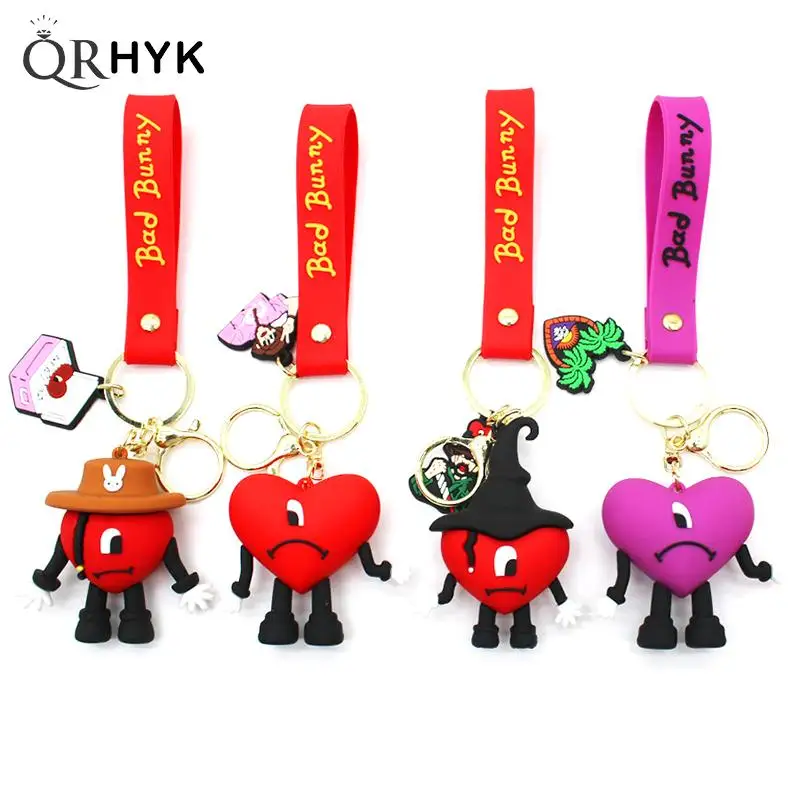 

Fashion New Cute Bad Bunny Heart Pendant Keychain for Women Rubber Car Keyring Men Bag Accessories Car Decoration Key Fob