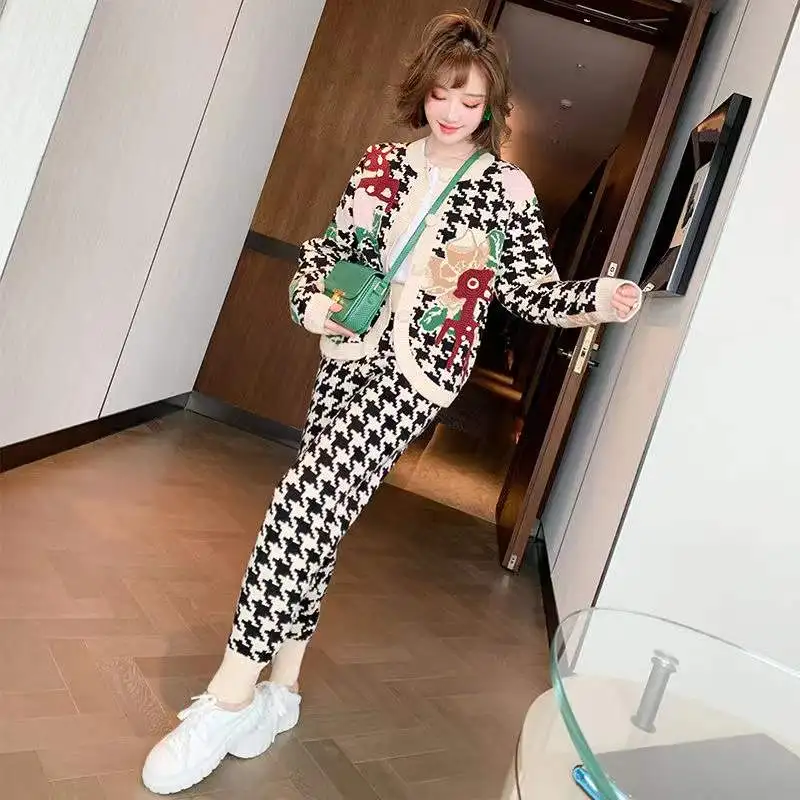 

Spring 2022 womens fashion Retro Houndstooth animal Embroidered Knit Cardigan High Waist pants plus size womens two peice sets