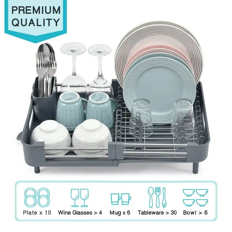 

Extendable Dish Rack, Part Dish Drainers with Non-Scratch and Movable Cutlery Drainer and Drainage Spout, Adjustable Dish Dryin