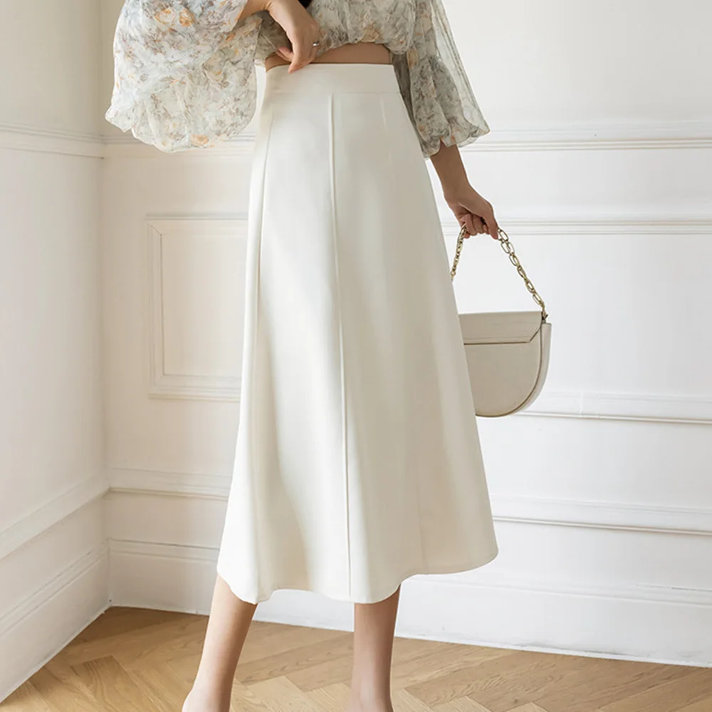 

Elegant Women's Skirts 2022 Spring Summer New High-waisted Large-swing A-line Mid-length Skirt Temperament Office Ladies Bottoms