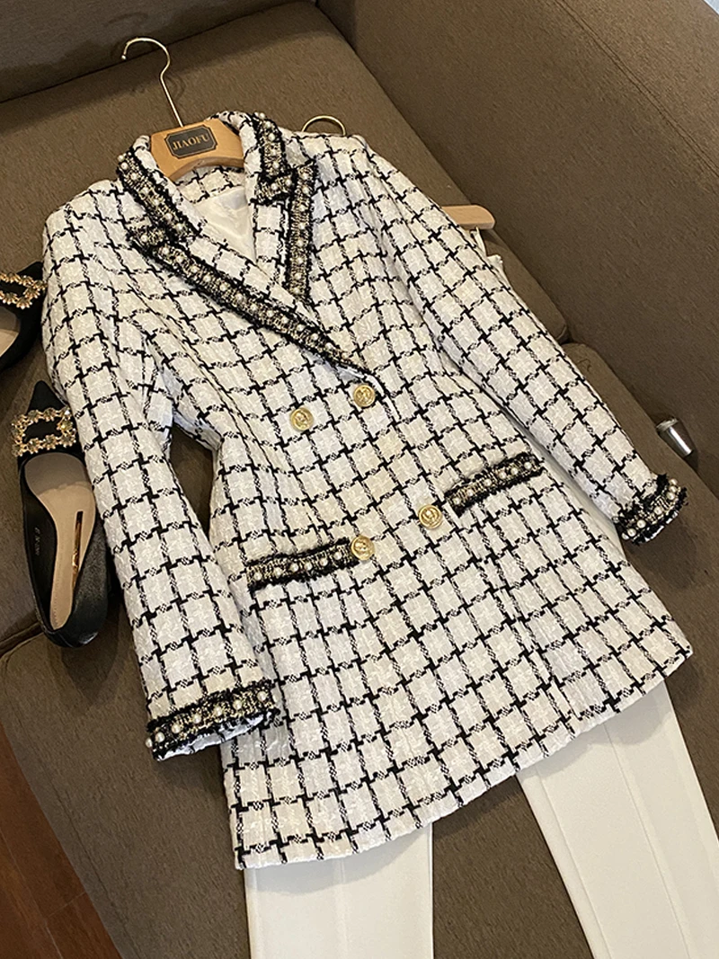 F GIRLS High-Quality Women's 2022 New Black White Plaid Temperament Slim Double-Breasted Blazer Trench Coat Long Sleeves